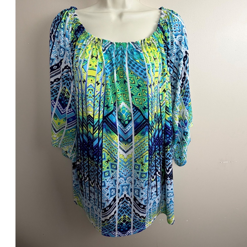 Blue and Lime Green Geometric Tribal Print Scoop Neck 3/4 Sleeve Blouse XL
